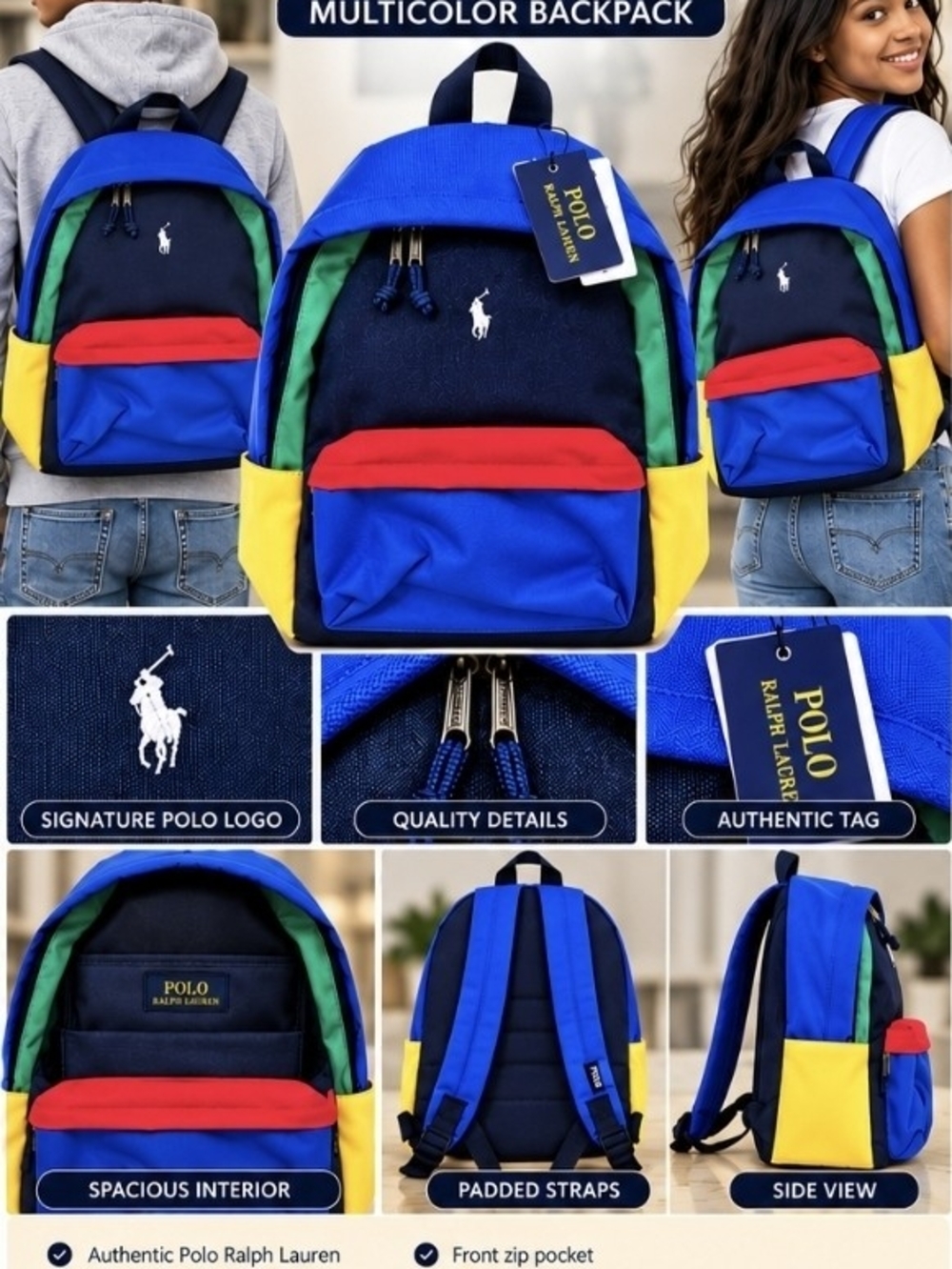 Polo by Ralph Lauren Blue Navy Red Yellow Green Colorblock Backpack